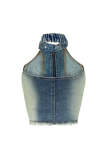 Women Sexy Rivet Zipper Stretchy Denim Top and ShortsTwo Piece Set