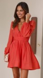 Women V Neck Pleated Long Sleeve Dress