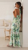 Women Sexy Lace-Up Halter Neck Lace Backless Print Maxi Dress