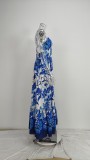 Women Elegant Print Backless Sleeveless Strap Dress