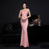 Women Lace Rhinestone Fishtail Evening Dress
