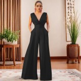 Women v-neck French wide-leg jumpsuit