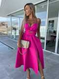 Women Summer V Neck Hollow Slit Suspender Dress