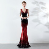 Women Gradient Color Crystal Diamond Chain Sexy Evening Dress