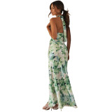 Women Sexy Lace-Up Halter Neck Lace Backless Print Maxi Dress