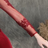 Women Beaded Long Sleeve Fishtail Evening Dress