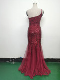 Sexy One Shoulder Sequins Mesh Patchwork Evening Dress