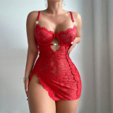 Women Lace See-Through Bodysuit T-Back Sexy Lingerie Two Piece Set