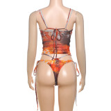 Women Summer Print Sexy Mesh Lace Bikini Three-Piece
