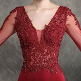 Women Beaded Long Sleeve Fishtail Evening Dress