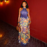 Printed High Collar Slim Waist Midi Pleated Dress