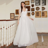 White Lace Patchwork Wedding Dress Long Formal Party Gown