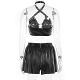Black PU Leather Hollow Out  Women’s Three Piece Lingerie Set