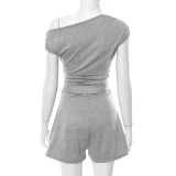 Women’s Spring Summer Slash Shoulder Shoulder Slim Waist Tie Short Jumpsuit
