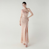 One Shoulder Rhinestone Chain Sequin Fishtail Evening Dress Formal Party Gown