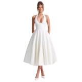 V Neck Halter Neck Jacquard Lace Long Dress Slim Waist Holiday Gown