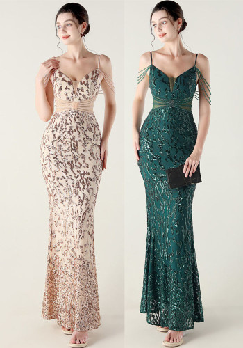 Beaded Sequin Fishtail Evening Dress Wedding Formal Party Gown