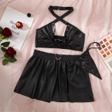 Black PU Leather Hollow Out  Women’s Three Piece Lingerie Set