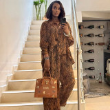 African Zebra Print Long Sleeve Shirt Wide Leg Pants Two Piece Set