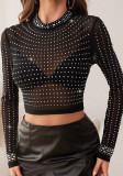 Mesh See Through Beaded Top Sexy Slim Long Sleeve Shirt