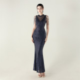 High Neck Fishtail Sequin Crystal Evening Dress Wedding Formal Party Gown
