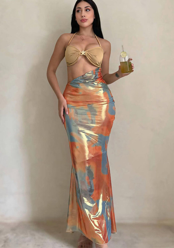 Bright Color Halter Neck Hollow Slim Dress Spring Summer Strap Gown