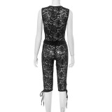 Lace Hollow Out Tie Front Vest High Waist Shorts Sexy Summer Two Piece Set
