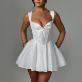 Lace Patchwork Strap Slim Low Back Puffy A-line Mini Dress