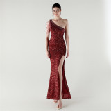 One Shoulder Rhinestone Chain Sequin Fishtail Evening Dress Formal Party Gown
