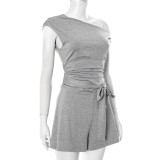 Women’s Spring Summer Slash Shoulder Shoulder Slim Waist Tie Short Jumpsuit