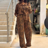 African Zebra Print Long Sleeve Shirt Wide Leg Pants Two Piece Set