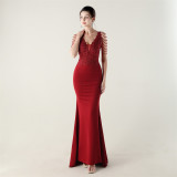 Beaded Lace Fishtail Evening Dress Wedding Formal Party Gown