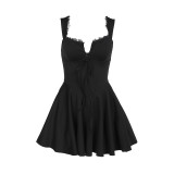Lace Patchwork Strap Slim Low Back Puffy A-line Mini Dress