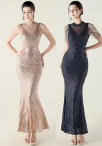 High Neck Fishtail Sequin Crystal Evening Dress Wedding Formal Party Gown