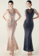 High Neck Fishtail Sequin Crystal Evening Dress Wedding Formal Party Gown