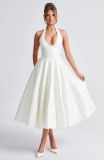 V Neck Halter Neck Jacquard Lace Long Dress Slim Waist Holiday Gown