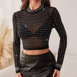 Mesh See Through Beaded Top Sexy Slim Long Sleeve Shirt