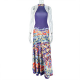 Printed High Collar Slim Waist Midi Pleated Dress