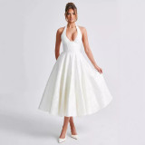 V Neck Halter Neck Jacquard Lace Long Dress Slim Waist Holiday Gown
