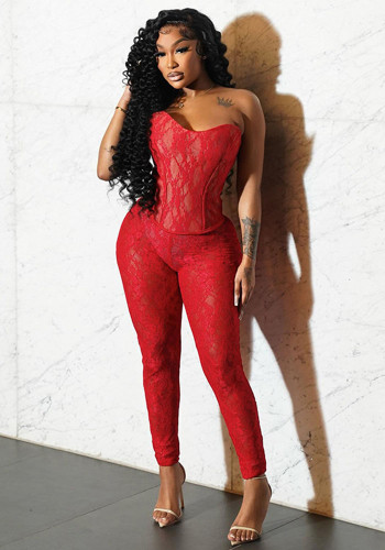 Lace Cross Lace Up Strapless Vest Slim Tight pants Sexy Summer Outfit