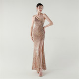 One Shoulder Rhinestone Chain Sequin Fishtail Evening Dress Formal Party Gown