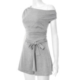 Women’s Spring Summer Slash Shoulder Shoulder Slim Waist Tie Short Jumpsuit