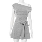 Women’s Spring Summer Slash Shoulder Shoulder Slim Waist Tie Short Jumpsuit