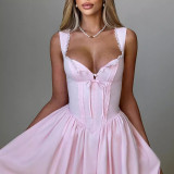 Lace Patchwork Strap Slim Low Back Puffy A-line Dress
