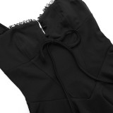 Lace Patchwork Strap Slim Low Back Puffy A-line Mini Dress