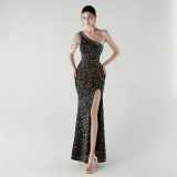 One Shoulder Rhinestone Chain Sequin Fishtail Evening Dress Formal Party Gown