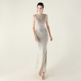 High Neck Fishtail Sequin Crystal Evening Dress Wedding Formal Party Gown