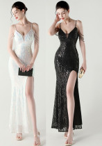Low Back Sequin Evening Dress High Slit Slim Dinner Party Gown