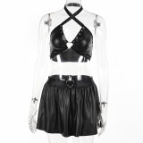 Black PU Leather Hollow Out  Women’s Three Piece Lingerie Set