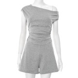 Women’s Spring Summer Slash Shoulder Shoulder Slim Waist Tie Short Jumpsuit